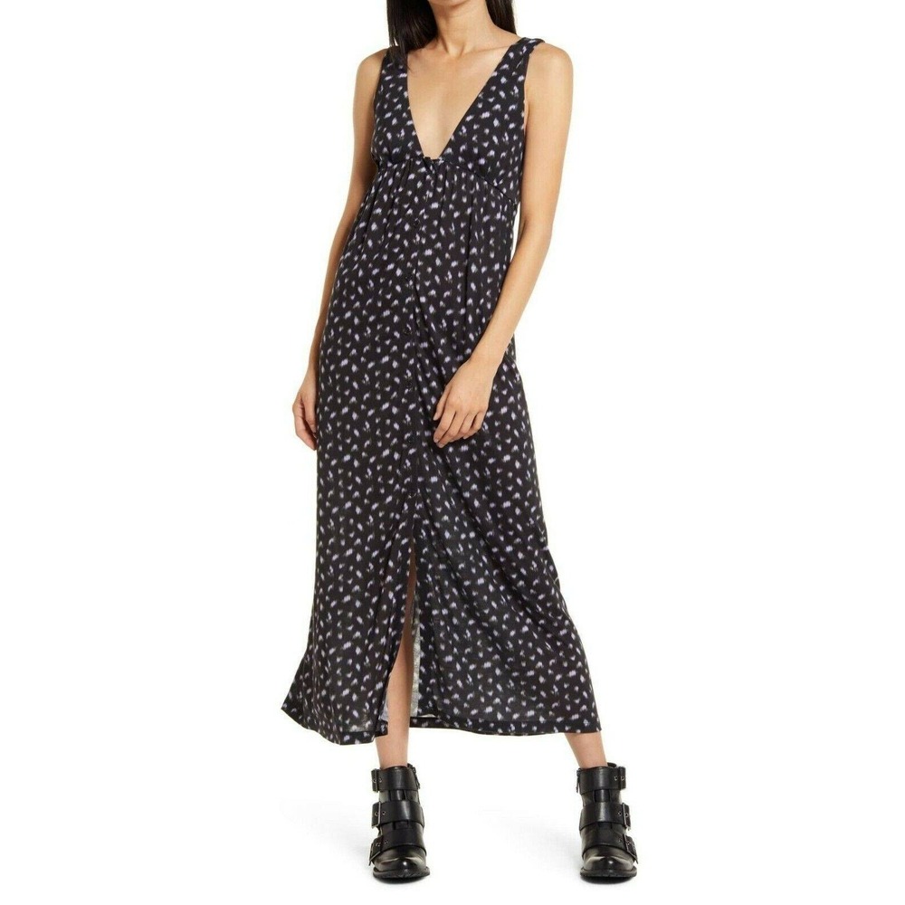 Ninety Percent‎ Women Black Lavender Abstract Dot V-Neck Tie Back Maxi Dress L